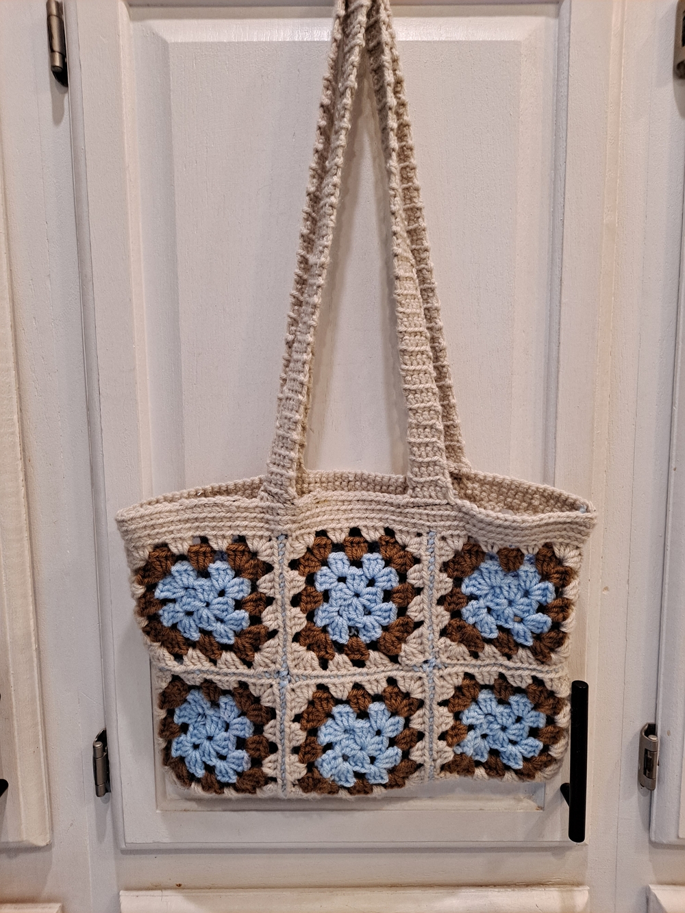 Artisan Crochet Tote Bag Cream, Light Blue & Brown Grannysquare Boho Cottagecore - Picture 2 of 11